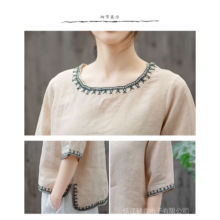 Áo Thun Cotton Lanh Tay Ngắn Cổ Tròn Màu Trơn Thêu Họa Tiết Phong Cách Cổ Điển Thời Trang Mùa Hè Mới Cho Nữ