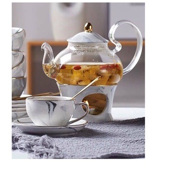 Bộ ấm chén pha trà hoa sứ xương cao cấp kèm 6 đĩa lót tách và giá treo cốc vân ghi