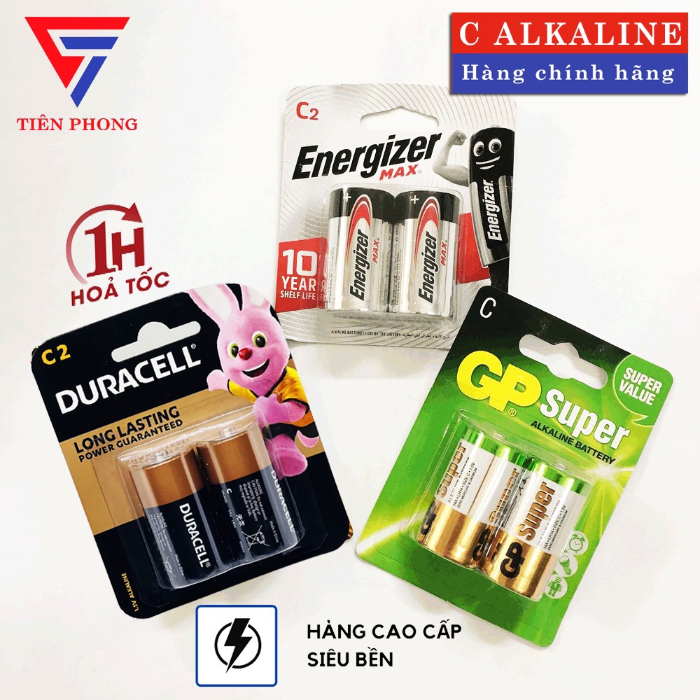 Pin Trung C Alkaline Chính Hãng Duracell, Energizer, GP - Vỉ 2 viên