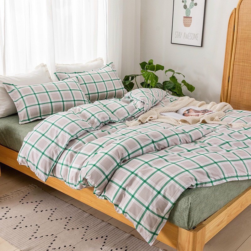 Bộ chăn ga gối Cotton poly kẻ chăn ga Hàn Quốc miễn phí bo chun drap ga giường hoạ tiết kẻ