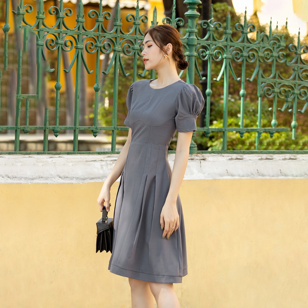 Đầm xòe chữ a tay phồng xếp li thời trang Eden cỗ tròn có túi chất liệu mềm mát không nhăn co giãn nhẹ - D437