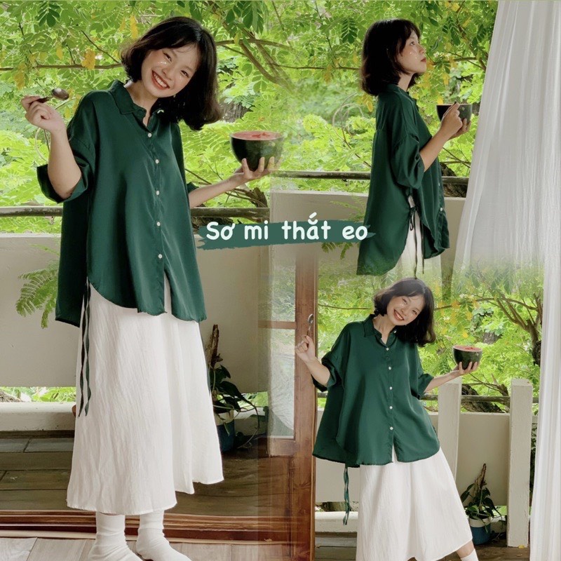 Áo sơ mi ngắn tay chất lụa hàn không nhăn 2 bên buộc dây, áo sơ mi lụa thắt dây eo