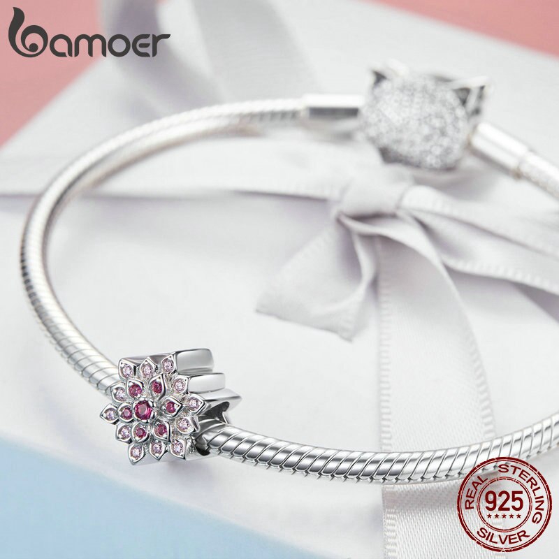 Hạt xỏ BAMOER BSC038 bạc 925 hình hoa sen đính đá xinh xắn dùng làm vòng đeo tay