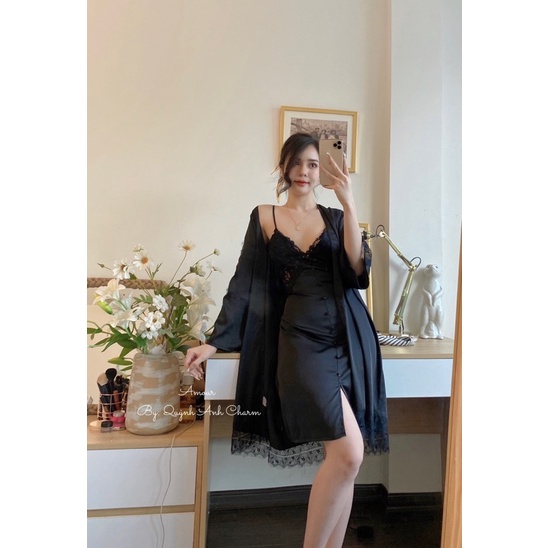 Set choàng ngủ tiểu thư, váy ngủ lụa hai dây sexy dáng dài hàng Quảng Châu cao cấp( ảnh thật shop chụp) SP427