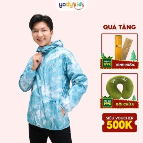 Áo gió khoác nam in loang chống nước YODY thể thao, vải kaki, chống thấm, cản gió, cản bụi AKM4687 !