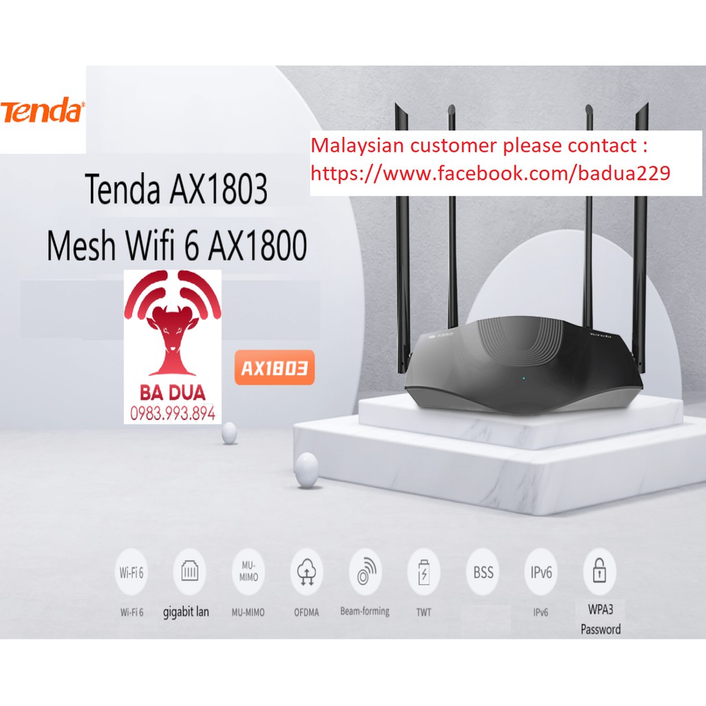 Bộ Phát Wifi Router Wifi 6 Mesh Tenda Ax1803 AX1800