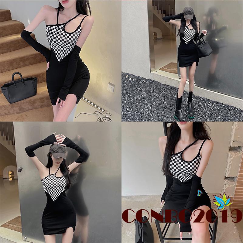 Đầm Mini Hai Dây Ôm Dáng Không Tay In Họa Tiết Caro Kiểu Cách Cho Nữ