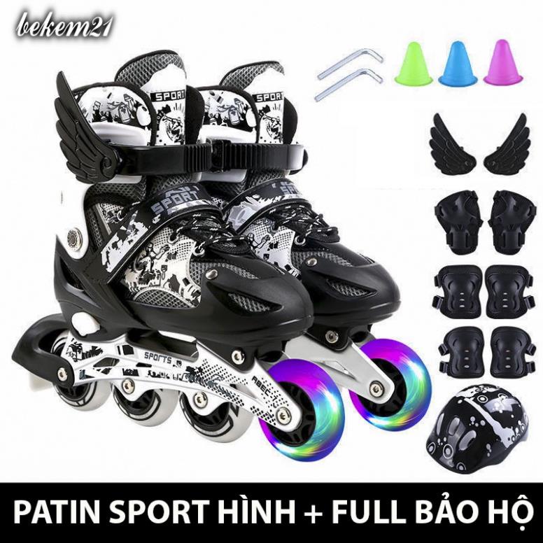 [8 Bánh phát sáng] Giày trượt patin Sport điều chỉnh to nhỏ batin batanh cho trẻ em người lớn (tặng kèm 13-20 món bảo hộ