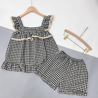 Bộ quần áo short,bộ nữ kẻ áo baby viền ren xinh xắn