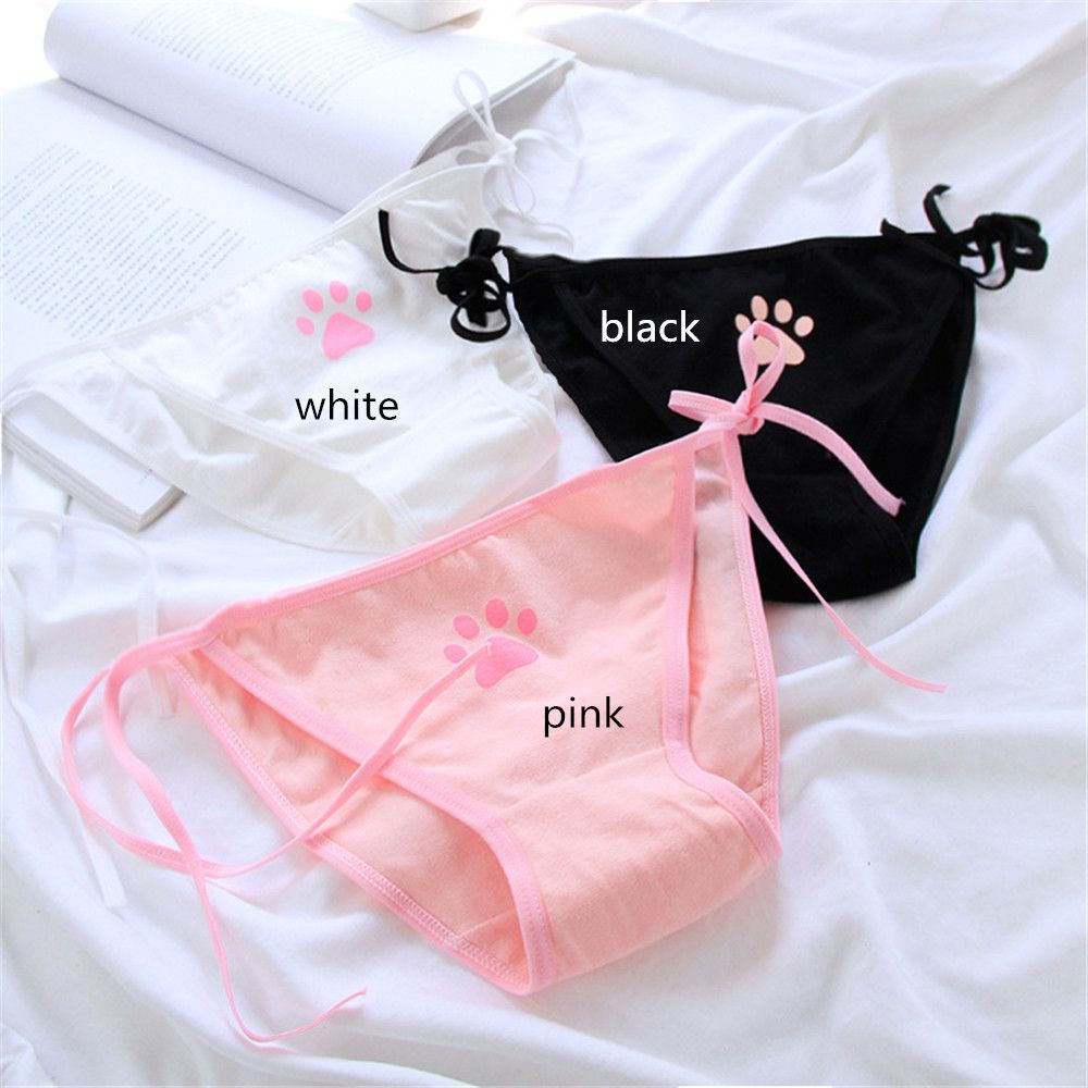 Quần Lót Cotton Lưng Thấp Thoáng Khí Có Dây Điều Chỉnh In Hình Dấu Chân Mèo Phong Cách Nhật Bản Thời Trang Cho Nữ