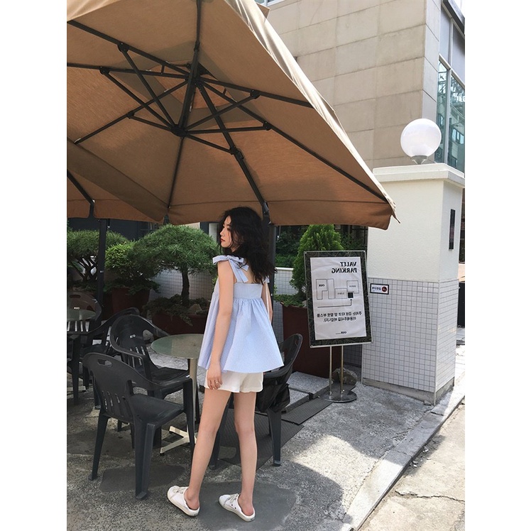 Set Áo Babydoll 2 Dây Buộc Nơ Caro Kẻ Xanh Kèm Quần Trắng Forgirl - SET ÁO 2S KẺ Xanh Xốp + Quần Sooc Đùi Trắng