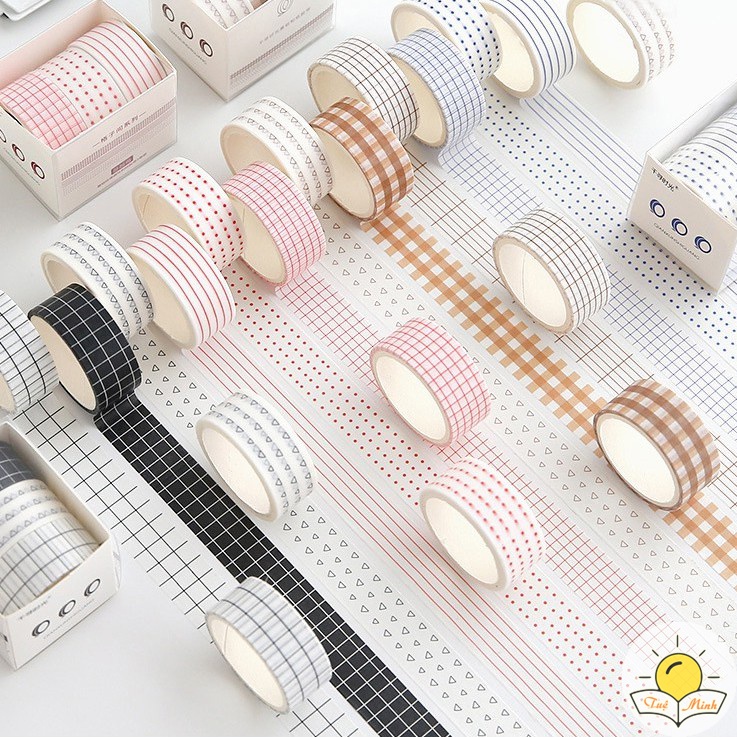 Set washi tape dài 3m họa tiết kẻ, chấm bi - bộ băng dính trang trí sổ Bullet Journal, thiệp