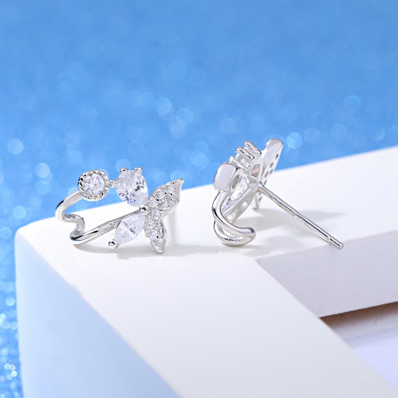 Hoa tai bạc kiểu dáng kẹp thiết kế hình hoa 4 cánh đính đá phong cách Hàn Quốc ANTA Jewelry - ATJ7073