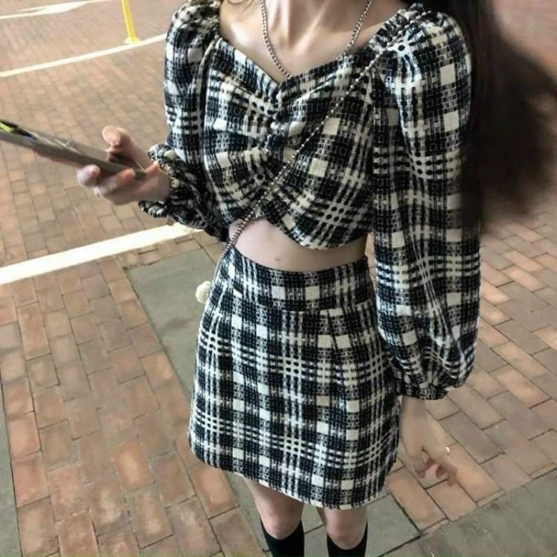 SET CROPTOP DẠ CARO ÁO BẸT VAI