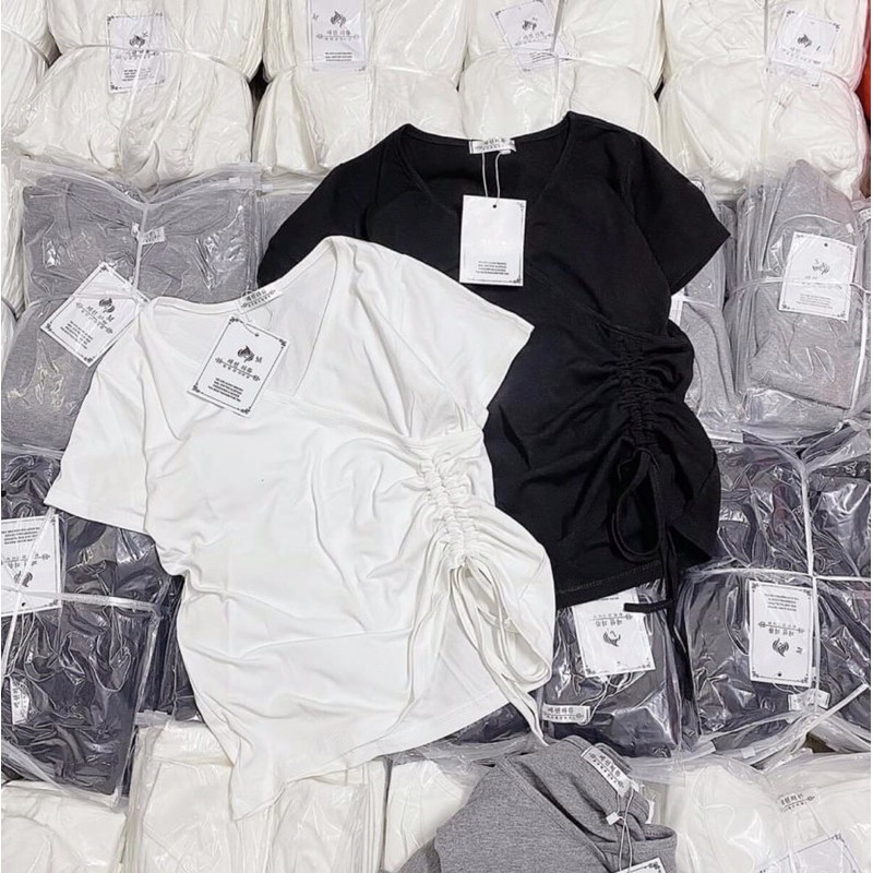 ⚡️BÁN SỈ⚡️Áo cộc tay rút dây lệch 3 màu đen, trắng, xám