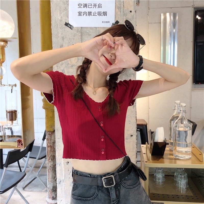 Áo Croptop Cổ Tim Phối Viền Màu Siêu Xinh (VIDEO, ẢNH THẬT)