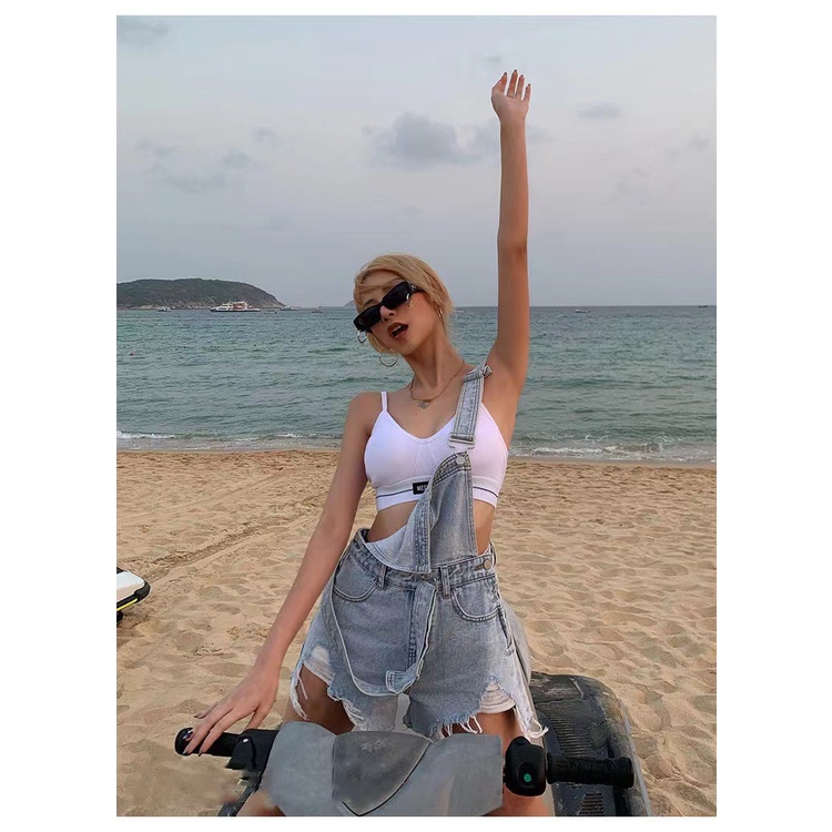 Quần yếm denim ngắn lưng cao rách mới Hàn quốc thời trang jumpsuit nữ