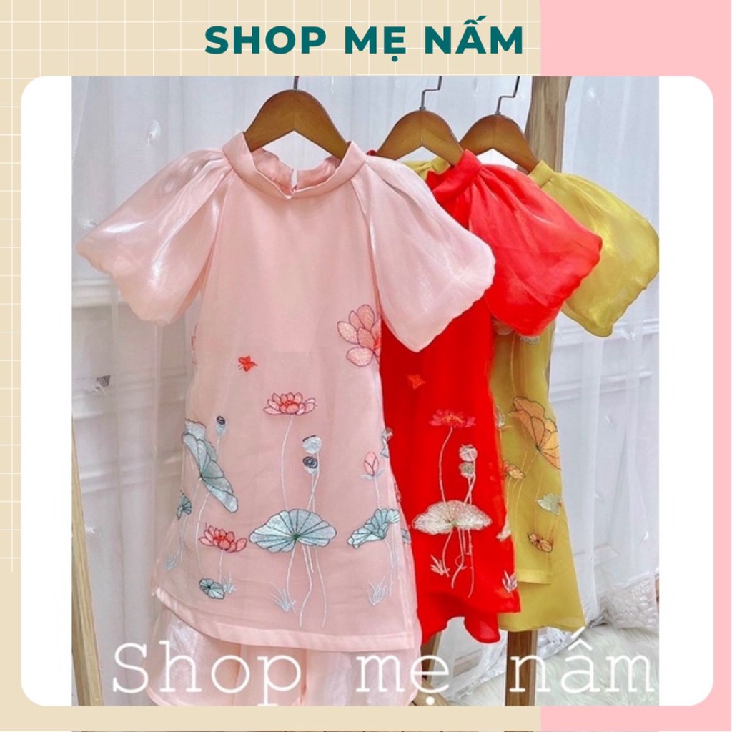 Áo dài cách tân bé gái tay phồng họa tiết hoa vàng/đỏ/hồng - Shop Mẹ Nấm