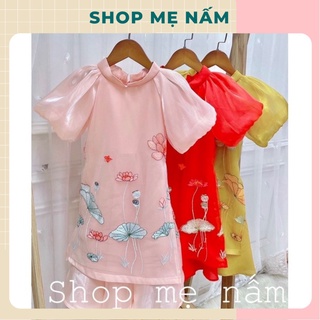 Áo dài cách tân bé gái tay phồng họa tiết hoa vàng/đỏ/hồng - Shop Mẹ Nấm