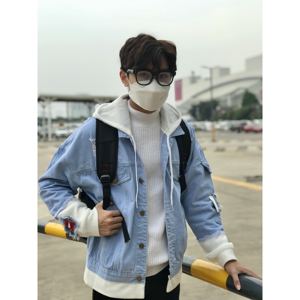 Áo Khoác Jeans Đôi Phối Mũ Nỉ Unisex Cho Cả Nam Và Nữ Vải Jeans Xuất Dày Dặn