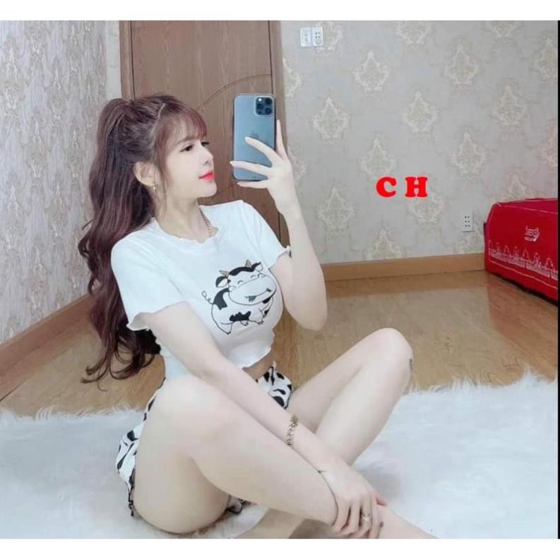 ⚡ Sét đồ nữ in Bò sữa gồm Áo croptop nữ cộc tay hoặc Áo 2 dây mix quần đùi loang co giãn