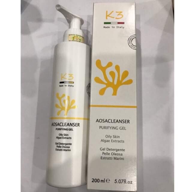 Gel rửa mặt giảm nhờn K3 Aosacleanser (hàng chính hãng, Made in Italy) (chống viêm ,kiểm soát bã nhờn, giữ ẩm da...)