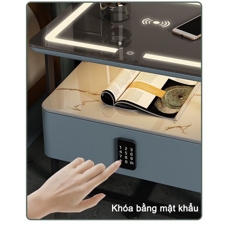 Tủ Kệ Đầu Giường 2 Tầng Công Nghệ Khoá Mật Khẩu -Đèn Led 3 Màu - Xạc Điện Thoại Không Dây Hiện đại và thông minh
