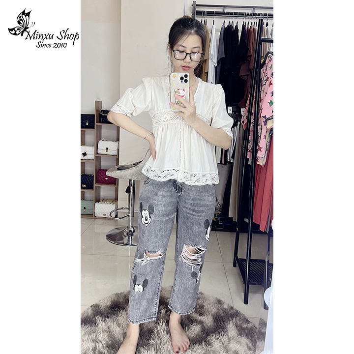 Quần jean micky rách dáng baggy, quần jean boy ống rộng cá tính Minxu shop Q3626
