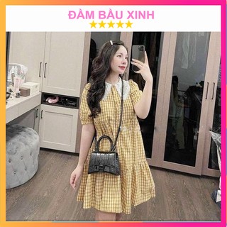 Đầm Kẻ Vàng Tay Lỡ Đuôi Cá Váy Suông Cổ Bèo Dáng Dài Tiểu Thư