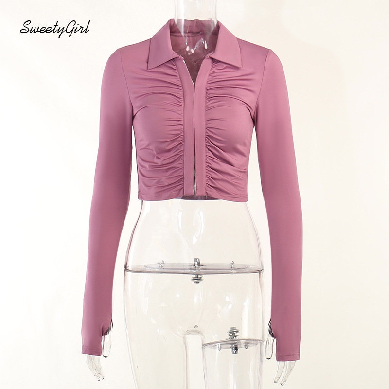 Áo Thun Tay Dài Cổ Chữ V Cắt Sâu Màu Trơn Phối Khóa Kéo Thời Trang 2022 Cho Nữ