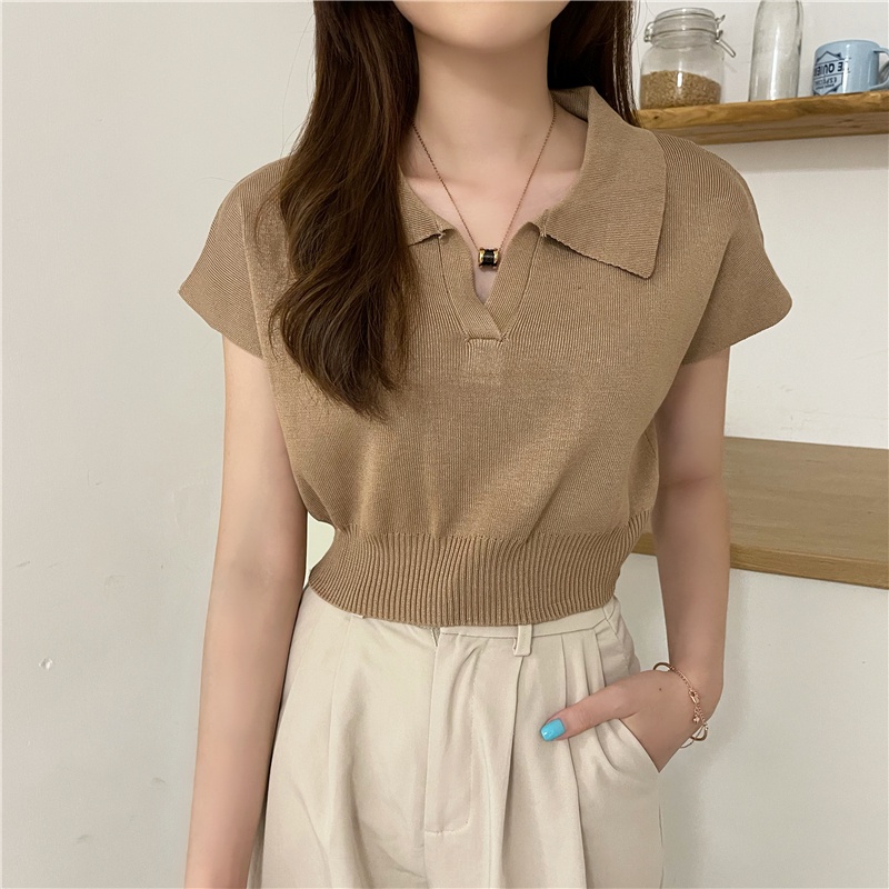 LEEVA - Áo croptop cổ polo len dệt mềm màu pastel đơn giản A232