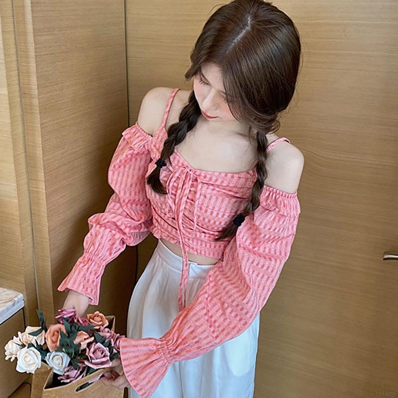 Áo Ren Lửng Tay Dài Trễ Vai Quyến Rũ Phong Cách Retro Hàn Quốc