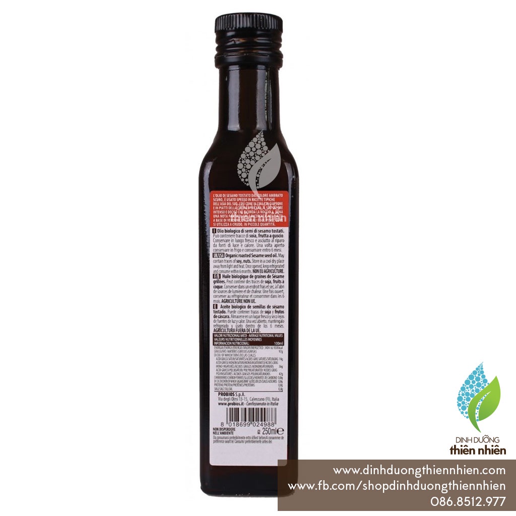 Dầu Mè Ép Lạnh Hữu Cơ Probios Organic Cold Pressed Sesame Oil, 250ml