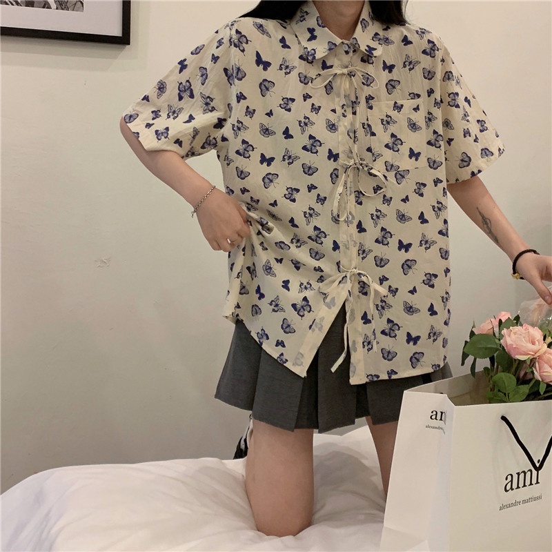 SUXI Áo Sơ Mi Tay Ngắn Dáng Rộng In Họa Tiết Bướm Phong Cách Cổ Điển Thời Trang Mùa Hè Cho Nữ