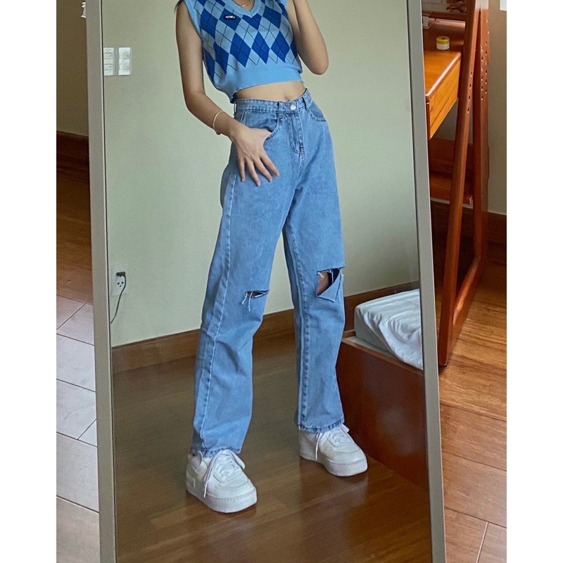 Quần jeans ống suông rách gối nữ