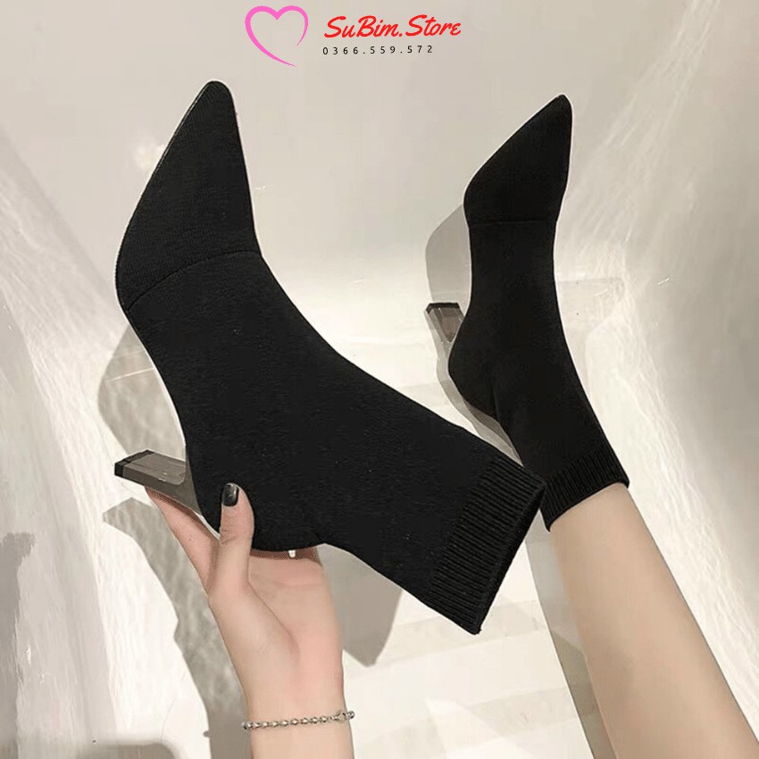 Giày Bốt Nữ Cổ Lửng Gót Dẹt Tráng Gương Cực Sang– SuBim.Store – Gót dẹt 7p, len chun ôm chân