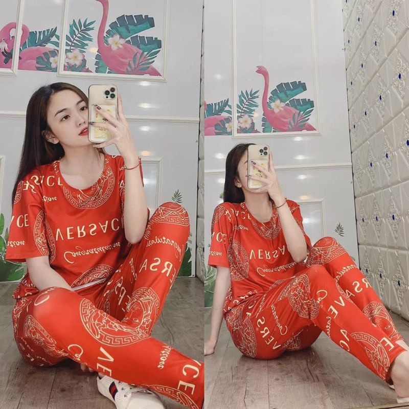 Đồ bộ nữ thun thái in 3D quần dài, set bộ nữ mặc nhà vải mát