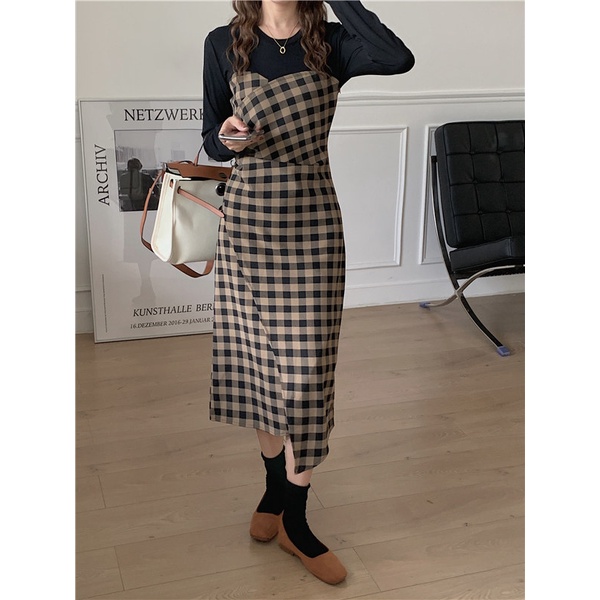 Đầm ngắn SUXI dáng chữ A họa tiết sọc caro phong cách cổ điển thời trang xuân thu xinh xắn cho nữ