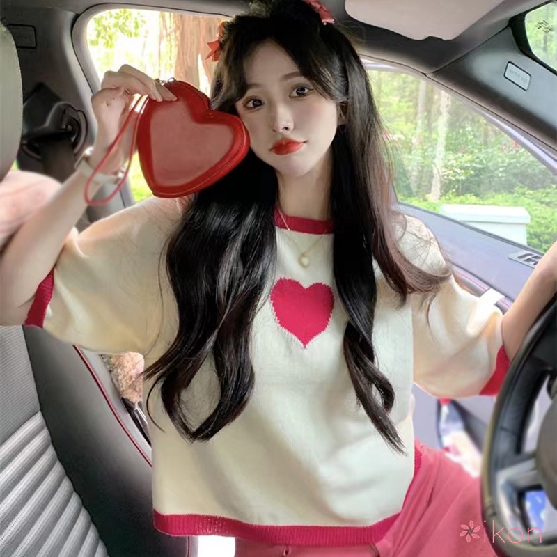 Áo Thun Crop Top Tay Ngắn Dáng Rộng In Hình Trái Tim Kiểu Hàn Quốc