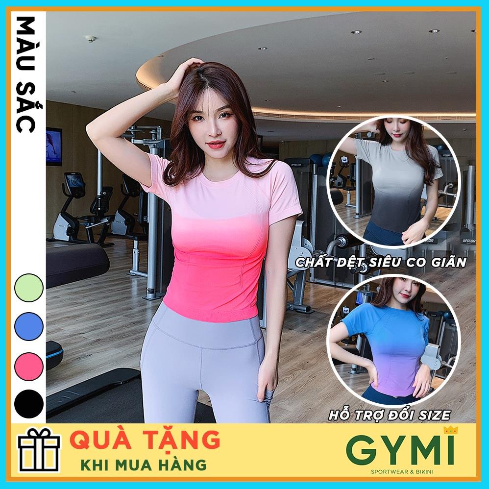 Áo tập gym yoga nữ GYMI AC24 dáng ngắn cộc tay phối màu loang chất dệt thể thao co giãn thấm mồ hôi Đẹp