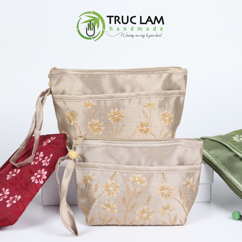Ví Cầm Tay Nữ Vải Tafta Họa Tiết Hoa Cỏ Thêu Tay Set 2 Chiếc - Trúc Lâm Handmade