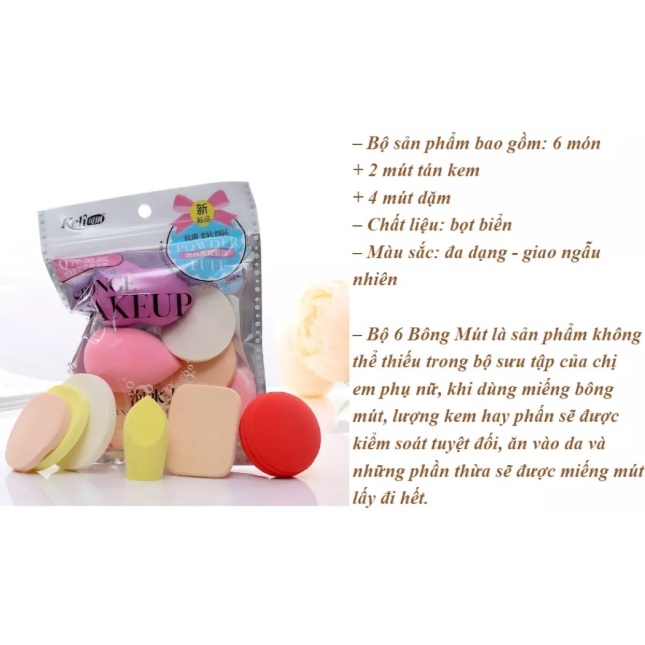 COMBO 6 MIẾNG BÔNG MÚT TRANG ĐIỂM KELI SPONGE MAKEUP TÁN KEM, PHẤN PHỦ CHẤT LIỆU TỰ NHIÊN MỀM MỊN, ĐÀN HỒI TỐT