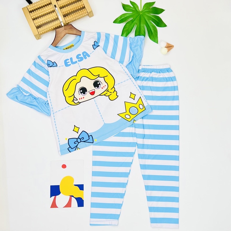 Đồ bộ bé gái size đại vải 3D thun lạnh áo tay ngắn quần dài phối sọc cầu vồng J474