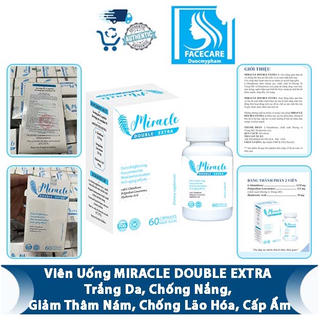 Viên Uống MIRACLE DOUBLE EXTRA Trắng Da, Chống Nắng, Giảm Thâm Nám, Chống Lão Hóa, Cấp Ẩm