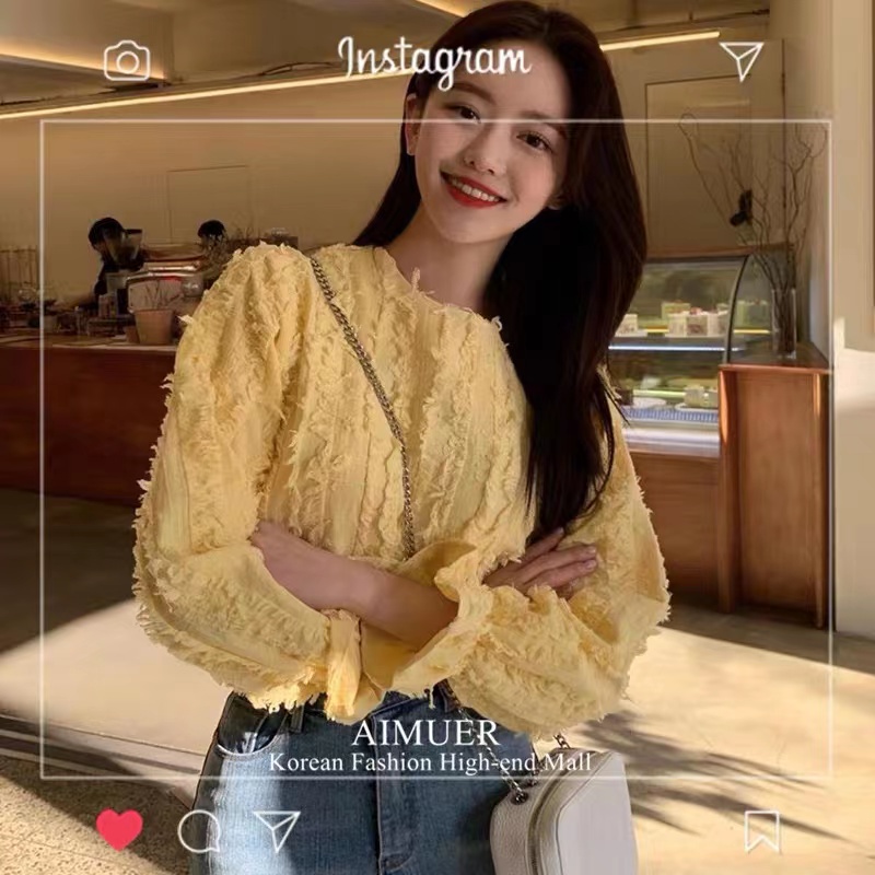 Áo Kiểu Tay Dài Cổ Tròn Màu Vàng Sang Trọng Thiết Kế Mới Mùa Xuân Cho Nữ 2022