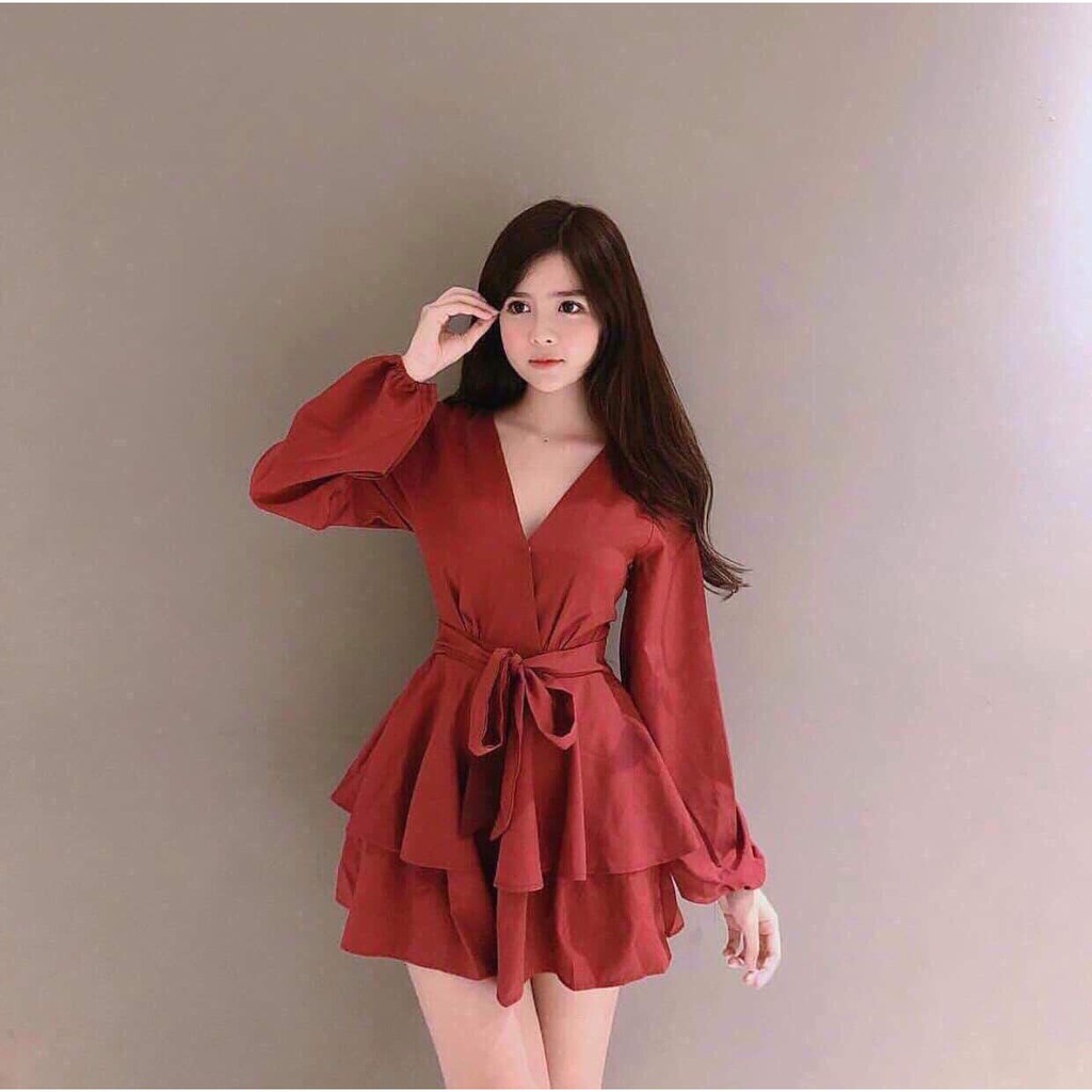 Đầm nữ cổ V thắt nơ nịnh eo 2 tầng vải dày dặn mềm mịn | BigBuy360 - bigbuy360.vn