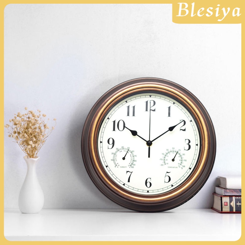 [BLESIYA]Silent 12 Inch Wall Clock with Thermometer and Hygrometer Display, Non Ticking Quartz Sweep Movement Battery Operated Modern Style for Home, Office