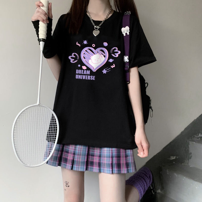 Áo Thun Ngắn Tay In Hình Trái Tim Dễ Thương Thời Trang Mùa Hè Nhật Bản Dành