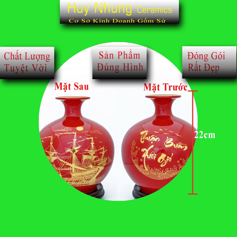 Mẫu Bình Hút Tài Lộc Bát Tràng Cao 22cm, có 5 màu: canh, trắng, đỏ, vàng, xanh lá cây, Họa tiết hoa văn dạng phong thủy