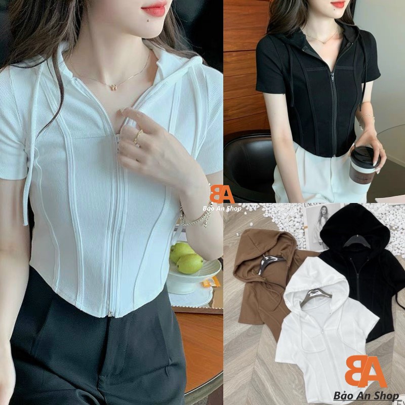Áo kiểu nữ khoá kéo phối nón tay ngắn chất vải thun gân len 4 chiều FreeSize feedback - Bảo An Shop hot top